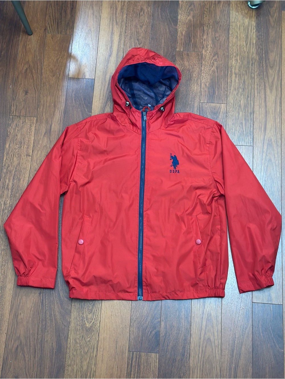 U.S. Polo Assn. Red Hooded Rain Jacket with Navy Logo